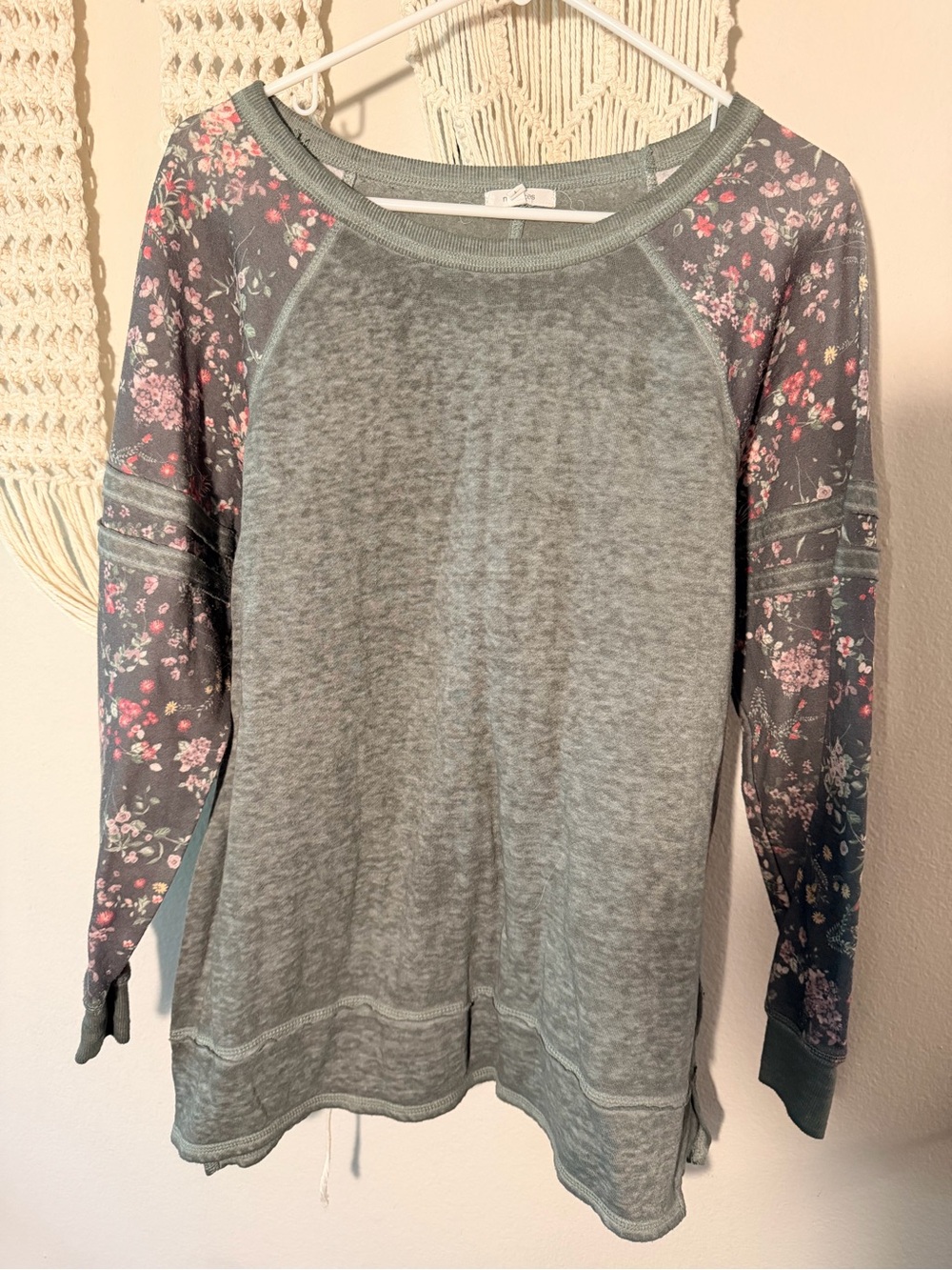 Maurices Olive Green Pullover with Floral Print Sleeves